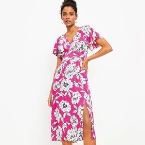 LOFT Peony Garden Flutter Sleeve V-Neck Midi Dress Size 10